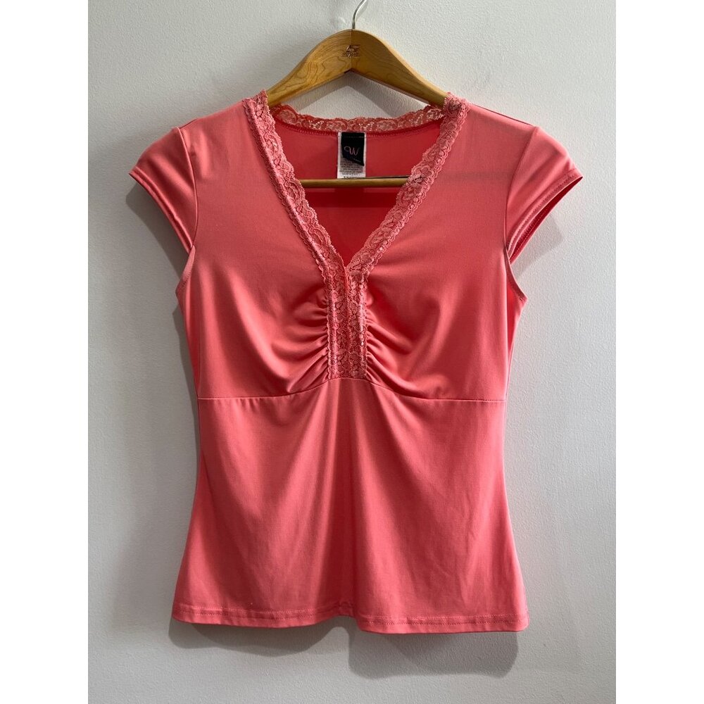 Y2K Wrapper V-Neck Blouse Womens M Peach with Lace Fitted Coquette
